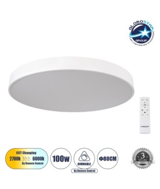 GLOBOSTAR® BURTON 61205-S Μοντέρνο Φωτιστικό Οροφής LED 100W 11020lm 120° AC 220-240V IP20 Ρυθμιζόμενο Λευκό CCT με Χειριστήριο από 2700K έως 6000K Dimmable - Lumileds SMD Chip - Λευκό Ματ - Μ80 x Π80 x Υ8cm - 3 Χρόνια Εγγύηση